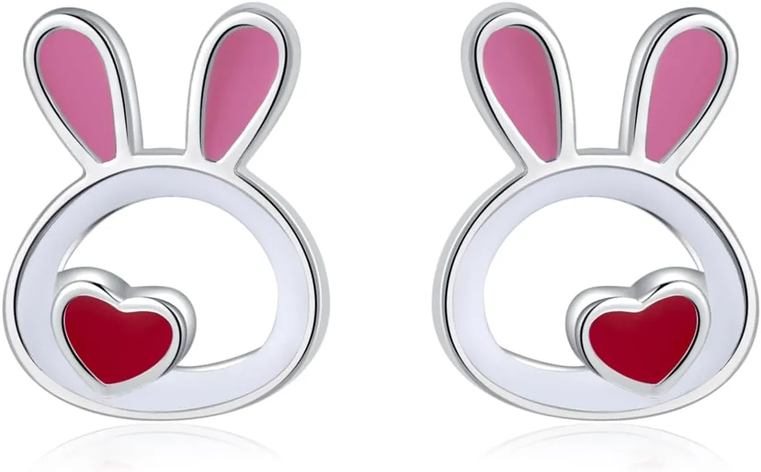 SLUYNZ 925 Sterling Silver Small Pink Rabbit Earrings Studs for Women Teens Easter Rabbit Bunny Stud Earrings