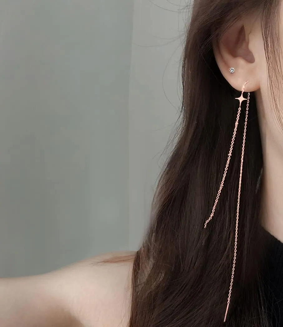 SLUYNZ 925 Sterling Silver Star Long Dangle Earrings Chain for Women Teens Line Dangle Earrings Tassel Threader Chain