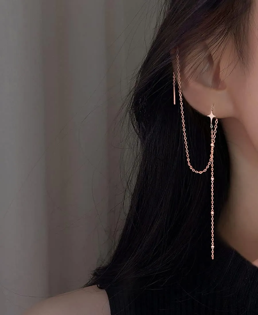 SLUYNZ 925 Sterling Silver Star Long Dangle Earrings Chain for Women Teens Line Dangle Earrings Tassel Threader Chain