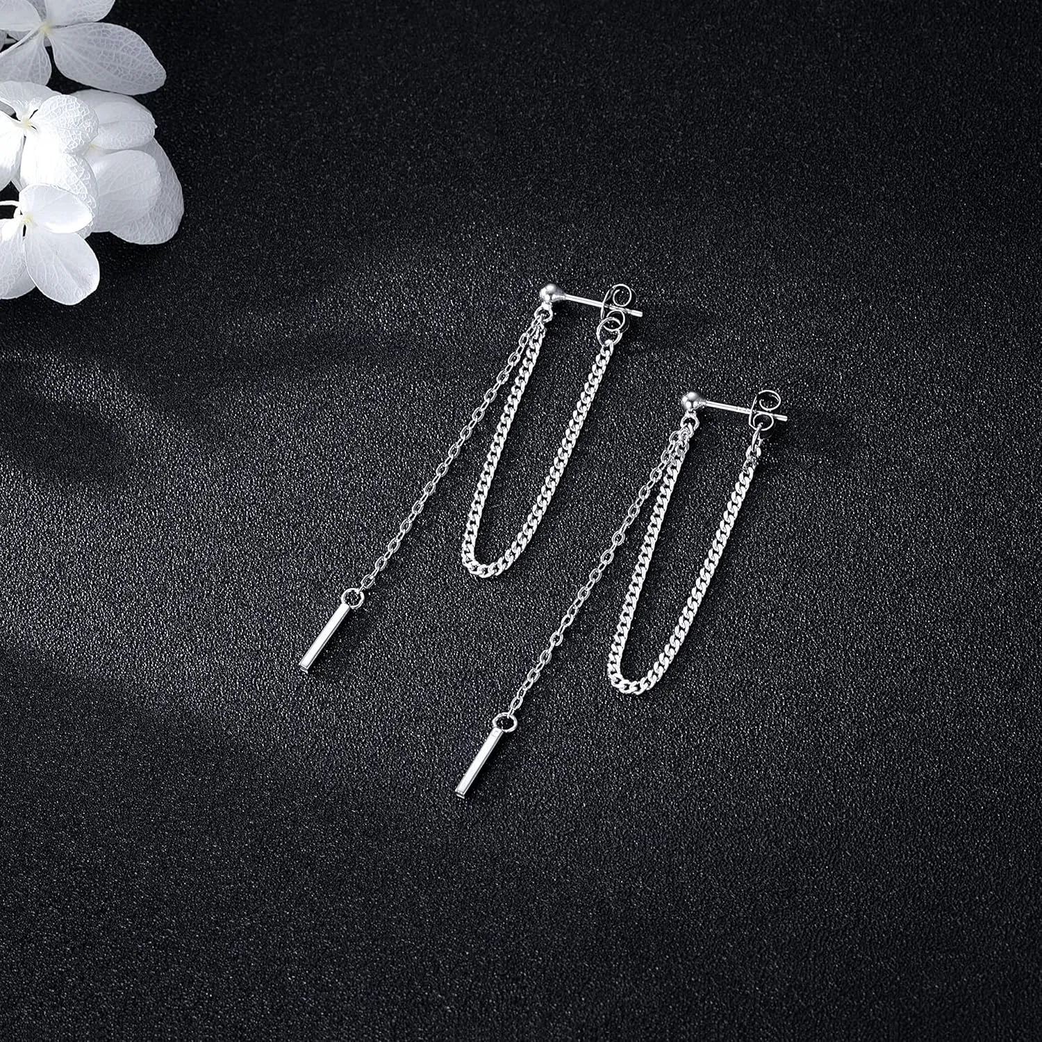 SLUYNZ Solid 925 Sterling Silver Bar Dangle Earrings for Women Minimalist Dangle Earrings Threader Chain
