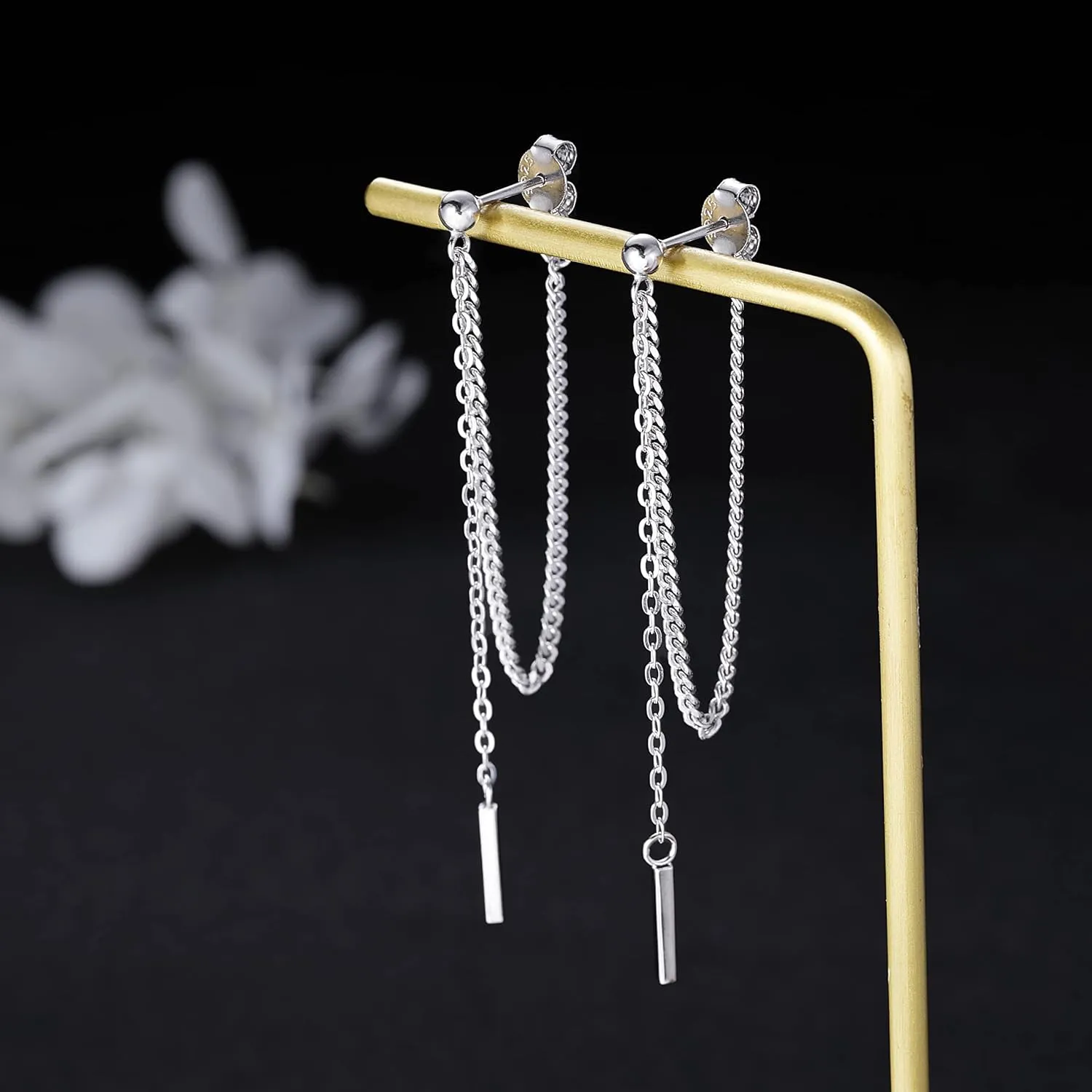 SLUYNZ Solid 925 Sterling Silver Bar Dangle Earrings for Women Minimalist Dangle Earrings Threader Chain