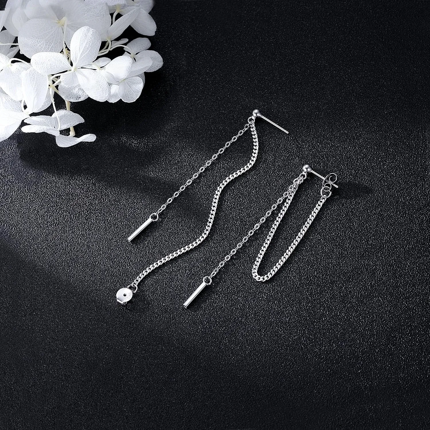 SLUYNZ Solid 925 Sterling Silver Bar Dangle Earrings for Women Minimalist Dangle Earrings Threader Chain