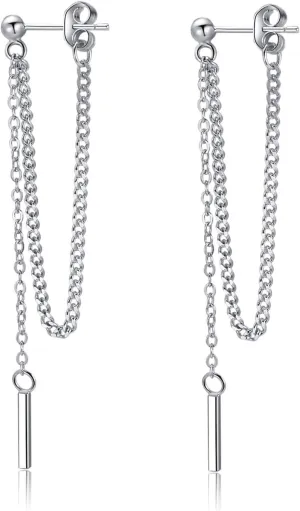 SLUYNZ Solid 925 Sterling Silver Bar Dangle Earrings for Women Minimalist Dangle Earrings Threader Chain