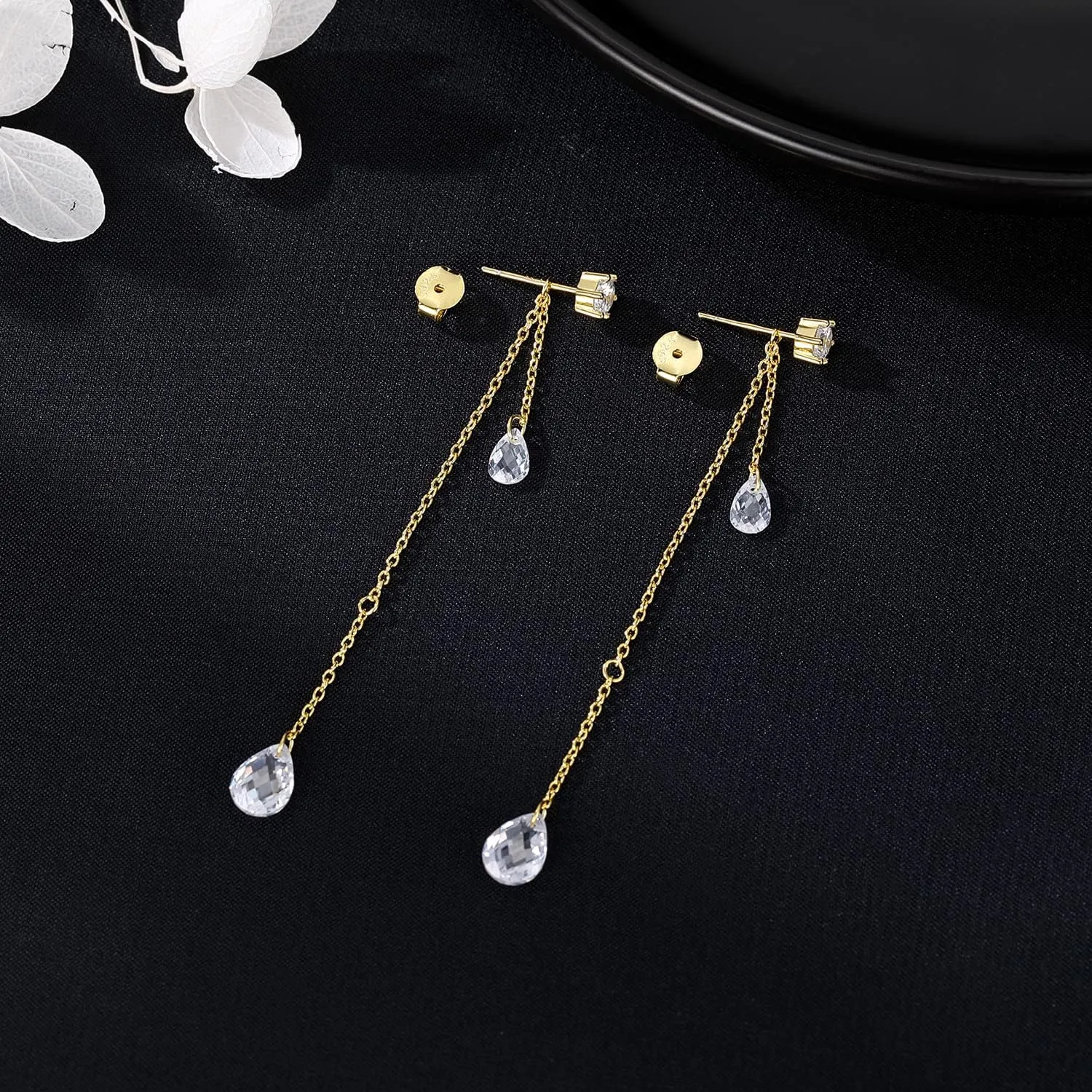 SLUYNZ Solid 925 Sterling Silver CZ Droplet Dangle Earrings Chain for Women Teens Teardrop Wedding Dangling Earrings Tassel Sparkling CZ Studs Chain