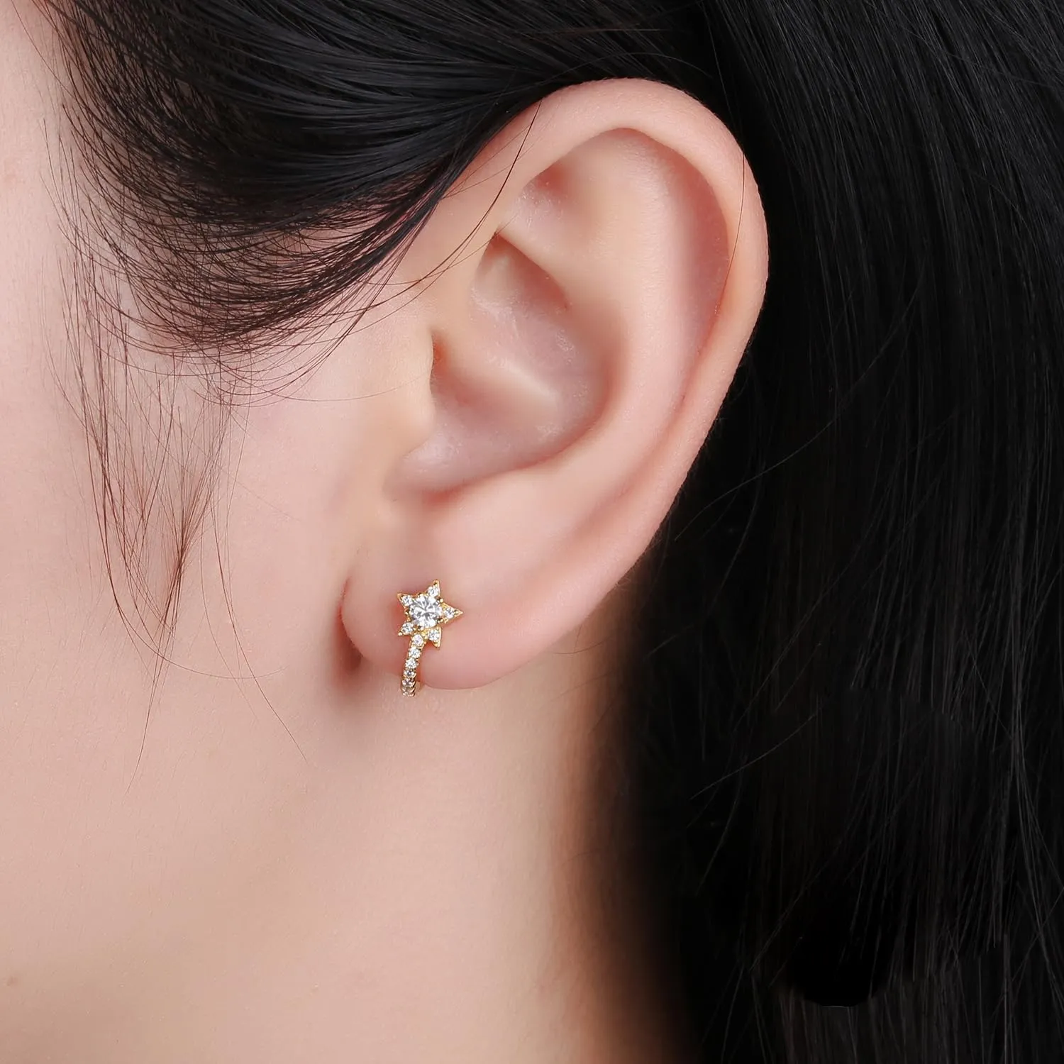 SLUYNZ Solid 925 Sterling Silver Small Star Hoop Earrings for Women Teens CZ Star Hoop Earrings Huggie
