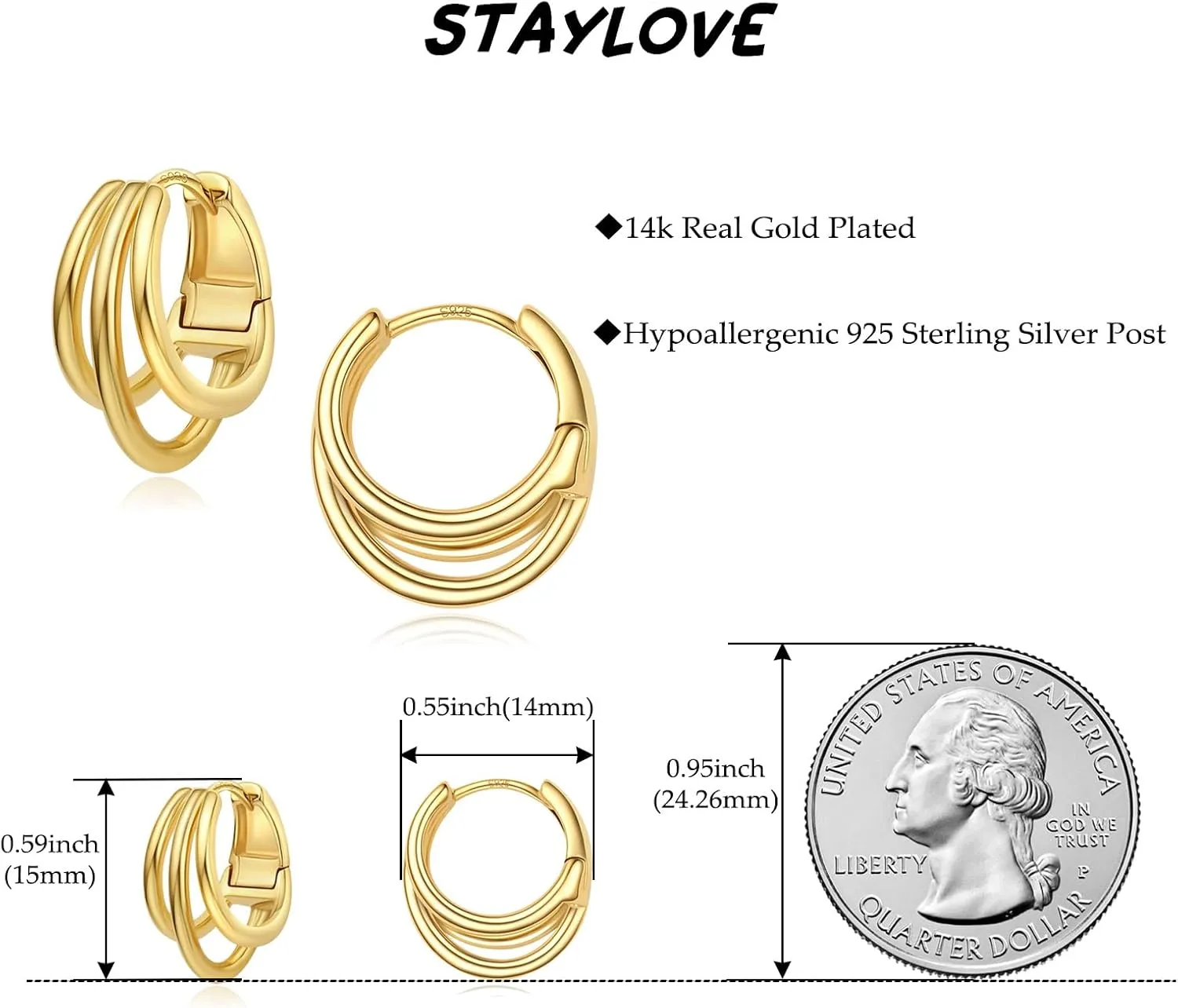 Small Chunky Gold Hoop Earrings for Women Hypoallergenic 925 Sterling Silver Post Lightweight 14k Gold Plated Thick Hoop Earrings for Women
