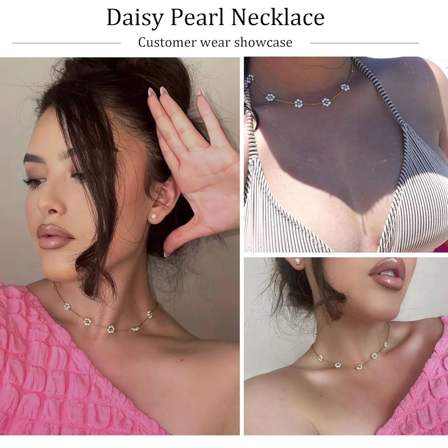 SmileBelle Daisy Pearl Necklace, Dainty Pearl Choker Necklace for Women as Flower Necklace Gift, 14K Gold Plated Stainless Steel Gold Necklaces as Birthday Gifts for Her Daisy Costume Gift