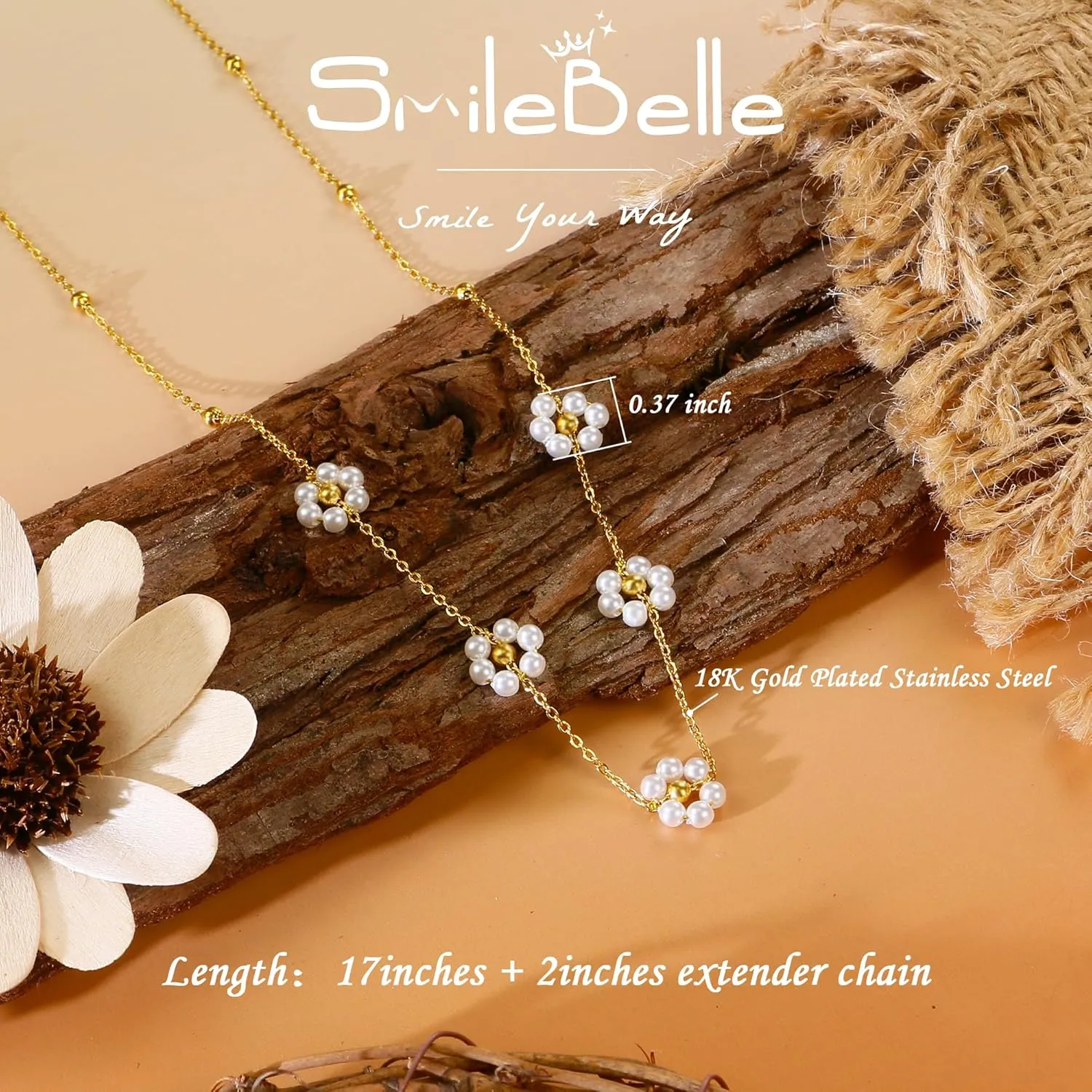 SmileBelle Daisy Pearl Necklace, Dainty Pearl Choker Necklace for Women as Flower Necklace Gift, 14K Gold Plated Stainless Steel Gold Necklaces as Birthday Gifts for Her Daisy Costume Gift