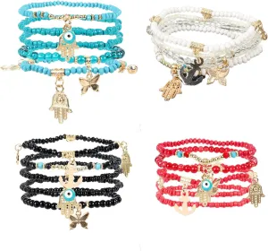 Soyzvteo 4 Sets Evil Eye Bracelet Bohemian Stretch Beads Bracelets Boho Hamsa Hand Charms Strand Bracelet Set Multicolor Lucky Protection Bangles Handmade Evil Eye Stackable Bracelet