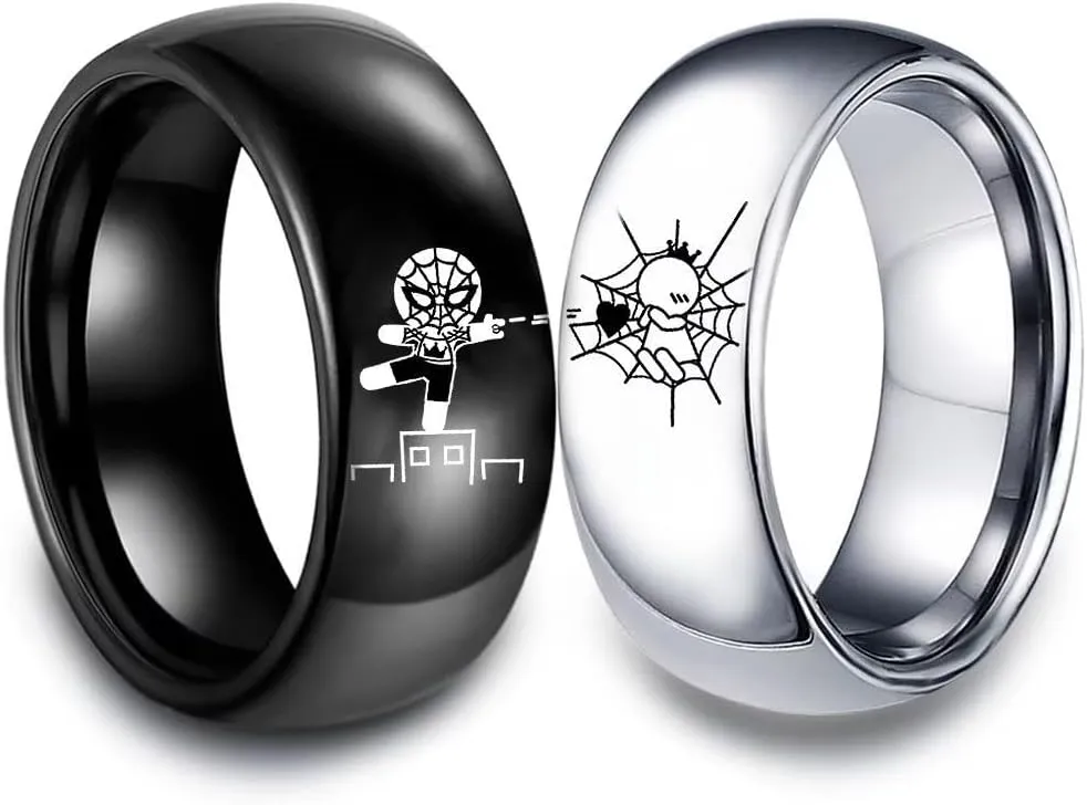 Spiderman Couples Ring for Him and Her,Crown Heart Lovers Ring Anniversary Promise Wedding Band Stainless Steel Comfort Fit