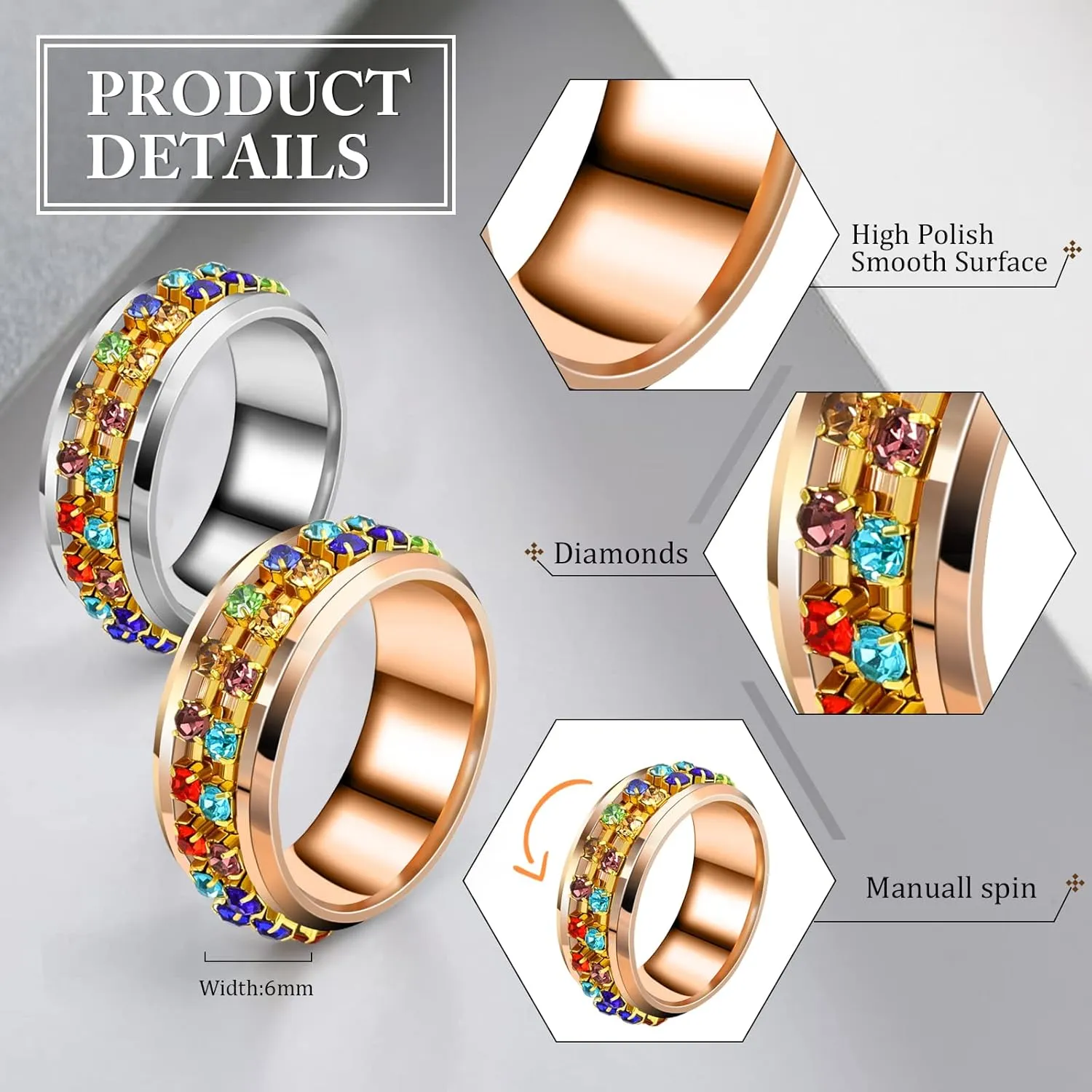 Spinner Ring Stainless Steel ring, Anxiety Fidget Rings for Men and Women Anti Anxiety Rings Fidget Band Rings Anxiety Spinning Rings with zircon size