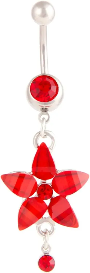 Stainless Steel Navel Rings for Women, CZ Long Navel Rings for Women Flower Red Navel Rings