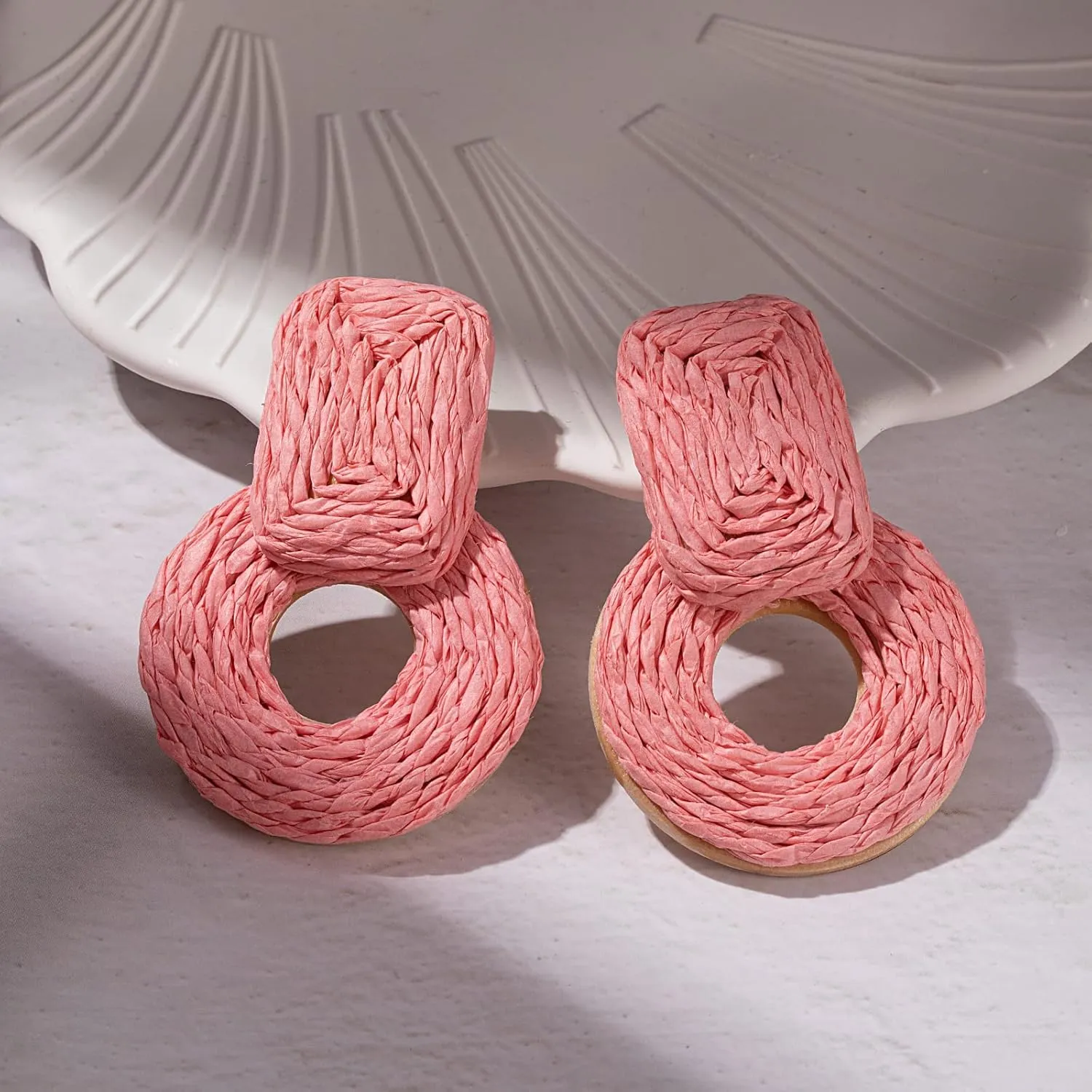 Statement Boho Rattan Dangle Earrings - Handmade Straw Wrap Summer Drop Dangling Earrings for Women