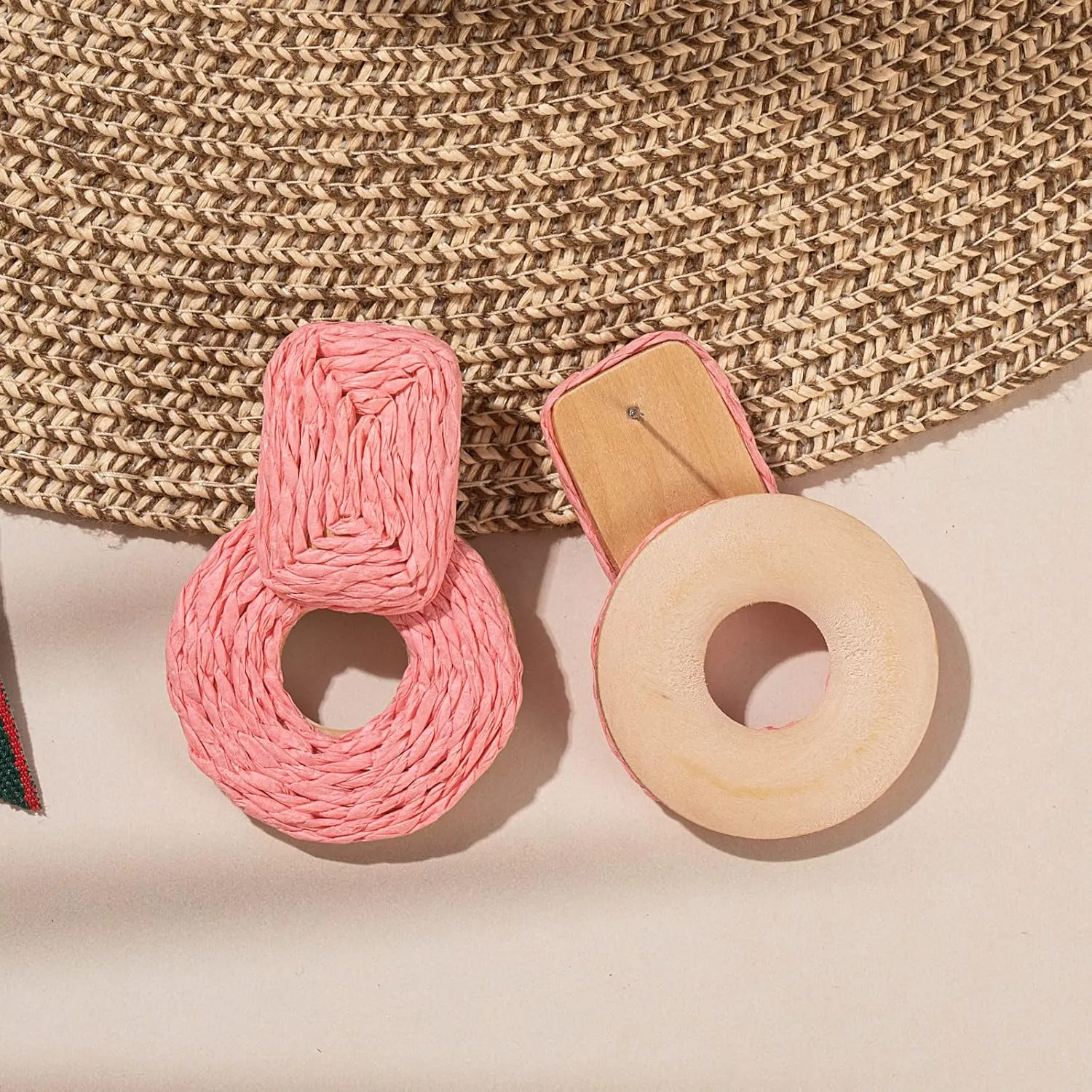Statement Boho Rattan Dangle Earrings - Handmade Straw Wrap Summer Drop Dangling Earrings for Women