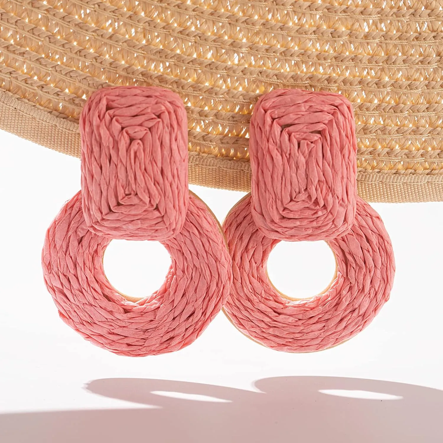 Statement Boho Rattan Dangle Earrings - Handmade Straw Wrap Summer Drop Dangling Earrings for Women