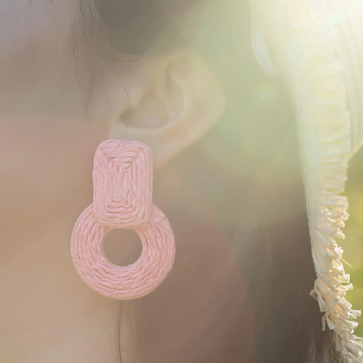 Statement Boho Rattan Dangle Earrings - Handmade Straw Wrap Summer Drop Dangling Earrings for Women