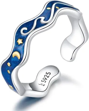 Sterling Silver 925 Lover Rings for Couple Blue Starry Sky of Van Gogh Open Finger Ring Design Jewelry Accessories