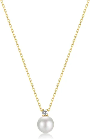 Sterling Silver 925 Pearl Pendant Necklace for Women Dainty CZ Necklace 14K Gold Vermeil Necklace Chain Freshwater Pearl Necklace Adjustable Simple Pearl Necklaces for Everyday Jewelry Gifts