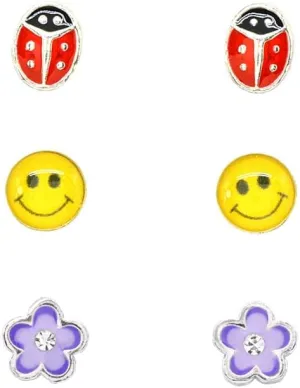 Sterling Silver Enamel Red Beetle Lady Bug, Yellow Smiley Face and Purple Flower 3 Pair Stud Earrings Box Set