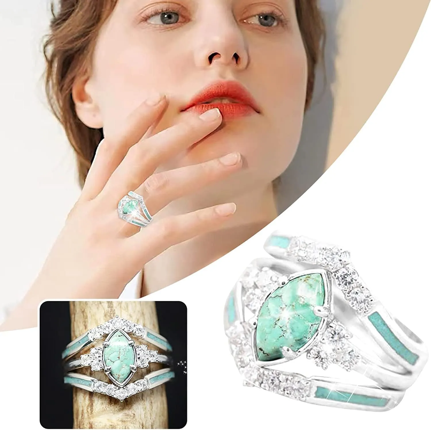 Sterling Silver Natural Gemstone Diamond 3 PCS Set Ring Simple Fashion Jewelry Popular