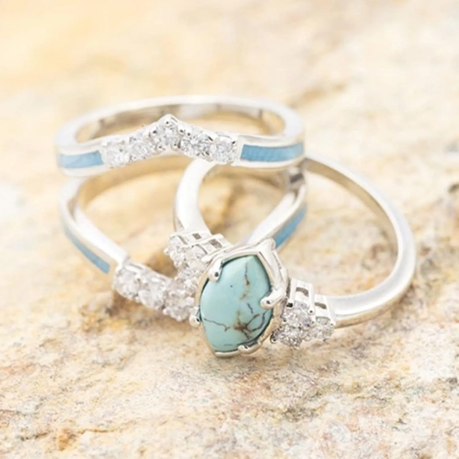 Sterling Silver Natural Gemstone Diamond 3 PCS Set Ring Simple Fashion Jewelry Popular