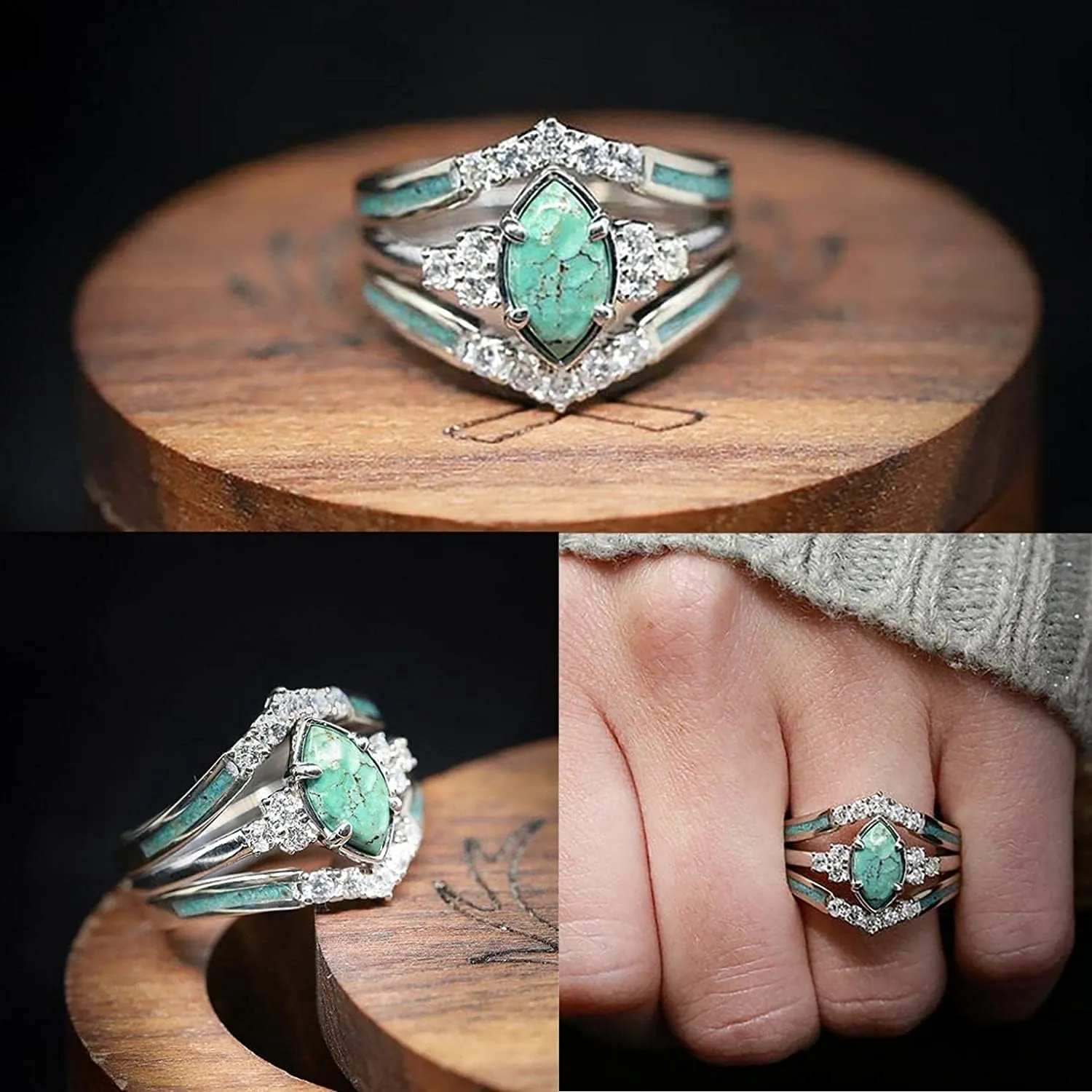 Sterling Silver Natural Gemstone Diamond 3 PCS Set Ring Simple Fashion Jewelry Popular