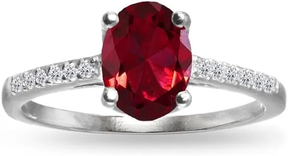 Sterling Silver Synthetic Ruby and White Topaz Oval Crown Ring