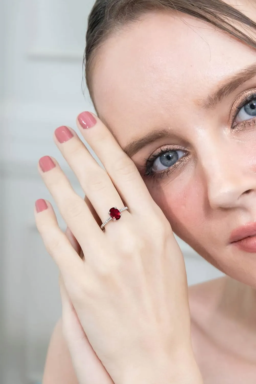 Sterling Silver Synthetic Ruby and White Topaz Oval Crown Ring