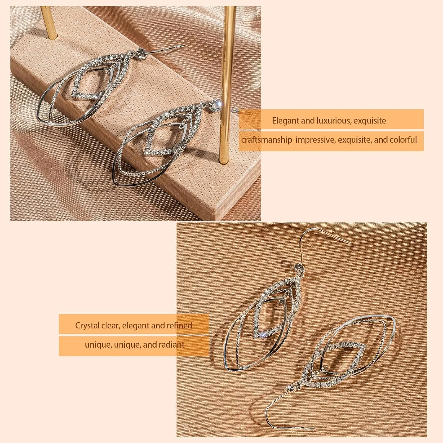 Sterling Silver Teardrop Dangle Earrings for Women,14k Gold Plated Double Linear Drop Hoop Diamonds Earrings (Silver)