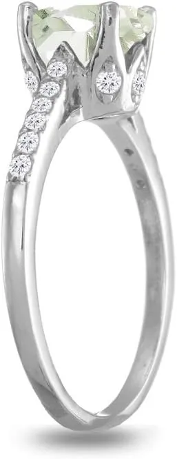 Sterling Silver Very Light Green Amethyst and White Topaz Oval Crown Ring