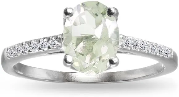 Sterling Silver Very Light Green Amethyst and White Topaz Oval Crown Ring