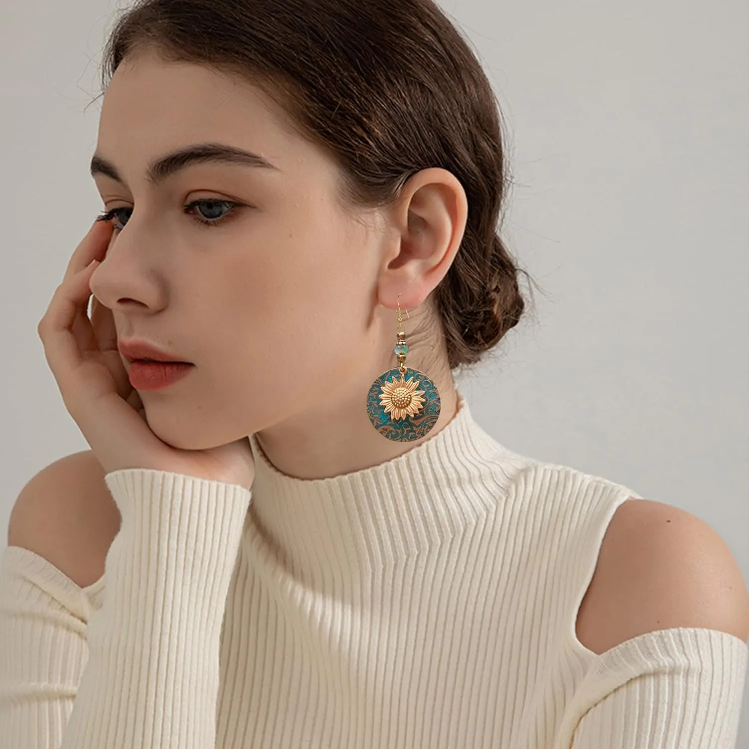 Sunflower Anmpab Bohemian Earrings Dangle Boho Handmade Antique Ethnic Jewelry Vintage Hoop Spiral Earrings for Women
