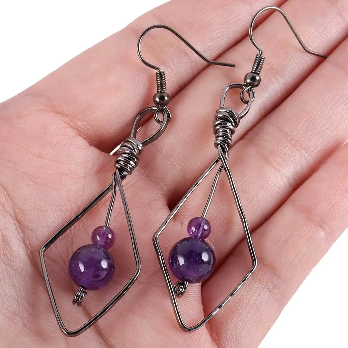SUNYIK Rhombus Shaped Dangle Drop Earrings for Women, Handmade Wire Wrapped Healing Crystal Stone Beads Jewelry