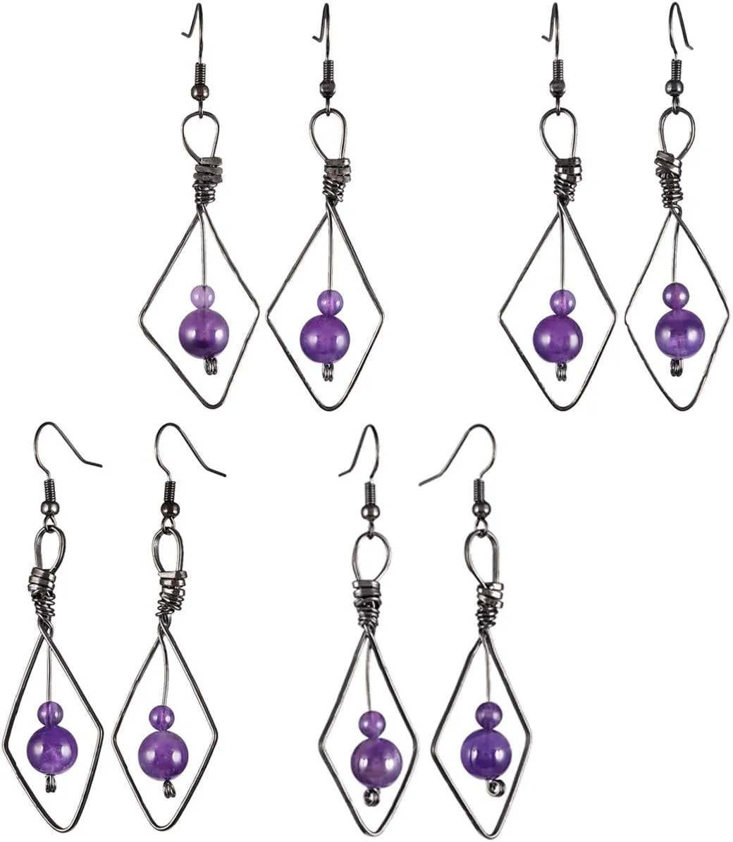 SUNYIK Rhombus Shaped Dangle Drop Earrings for Women, Handmade Wire Wrapped Healing Crystal Stone Beads Jewelry