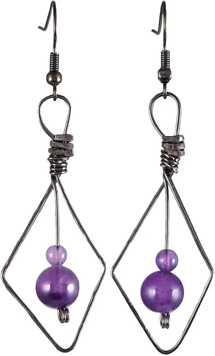SUNYIK Rhombus Shaped Dangle Drop Earrings for Women, Handmade Wire Wrapped Healing Crystal Stone Beads Jewelry