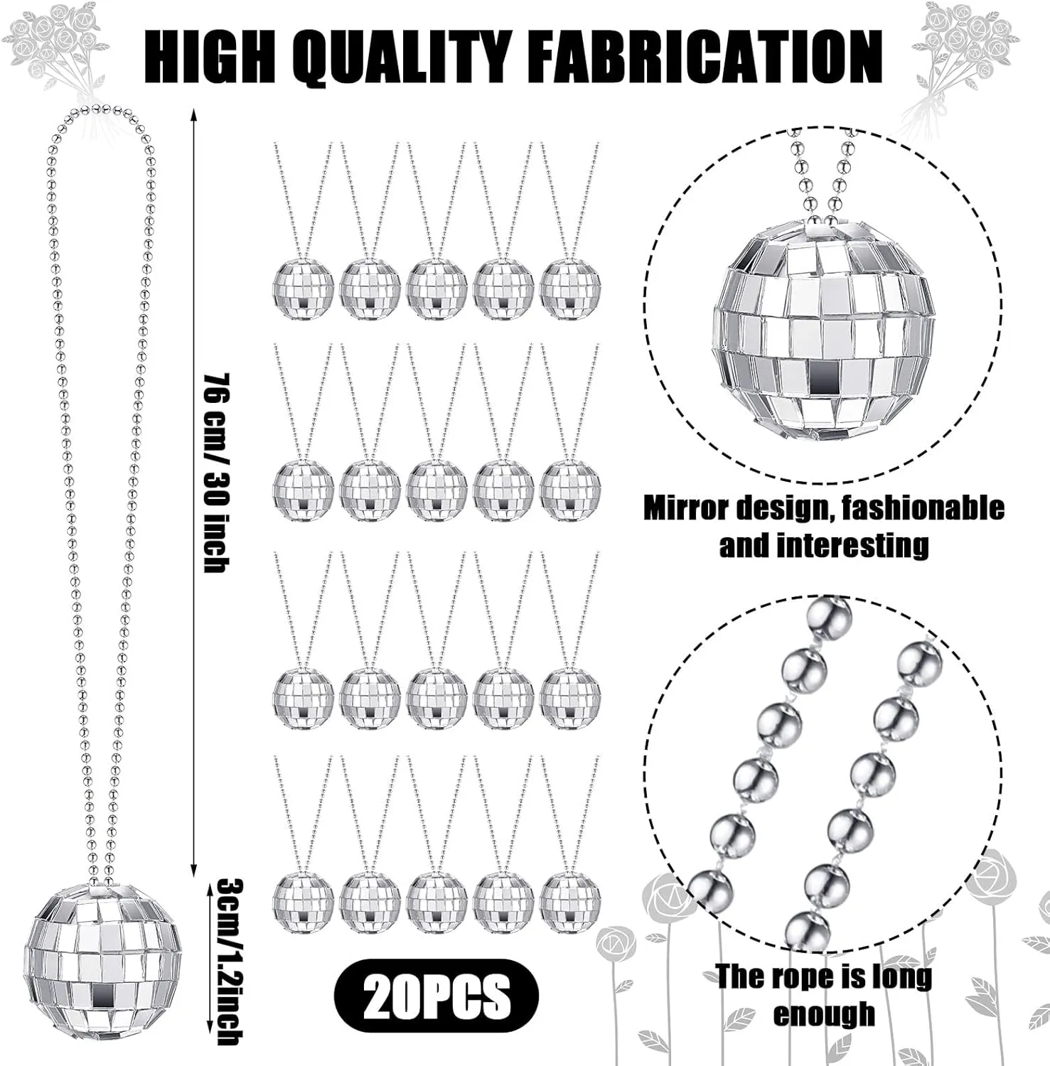 Sureio 20 Pcs Mirror Disco Ball Necklaces Silver Hanging Balls Ornament 70s Disco Party Necklaces Mini 70s Jewelry Party Favor Decoration Costume Accessories for Dance Supplies(1.18 Inch)