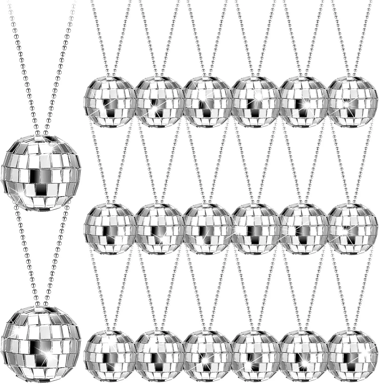 Sureio 20 Pcs Mirror Disco Ball Necklaces Silver Hanging Balls Ornament 70s Disco Party Necklaces Mini 70s Jewelry Party Favor Decoration Costume Accessories for Dance Supplies(1.18 Inch)