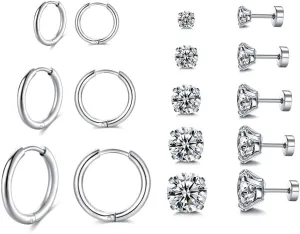 Surgical Stainless Steel Stud Earrings Hoop Earrings for Women Men 14K Gold Plated Hypoallergenic Cartilage Earrings Flat Back CZ Earrings Set Dainty Multiple Piercing Pack of 8 Pairs