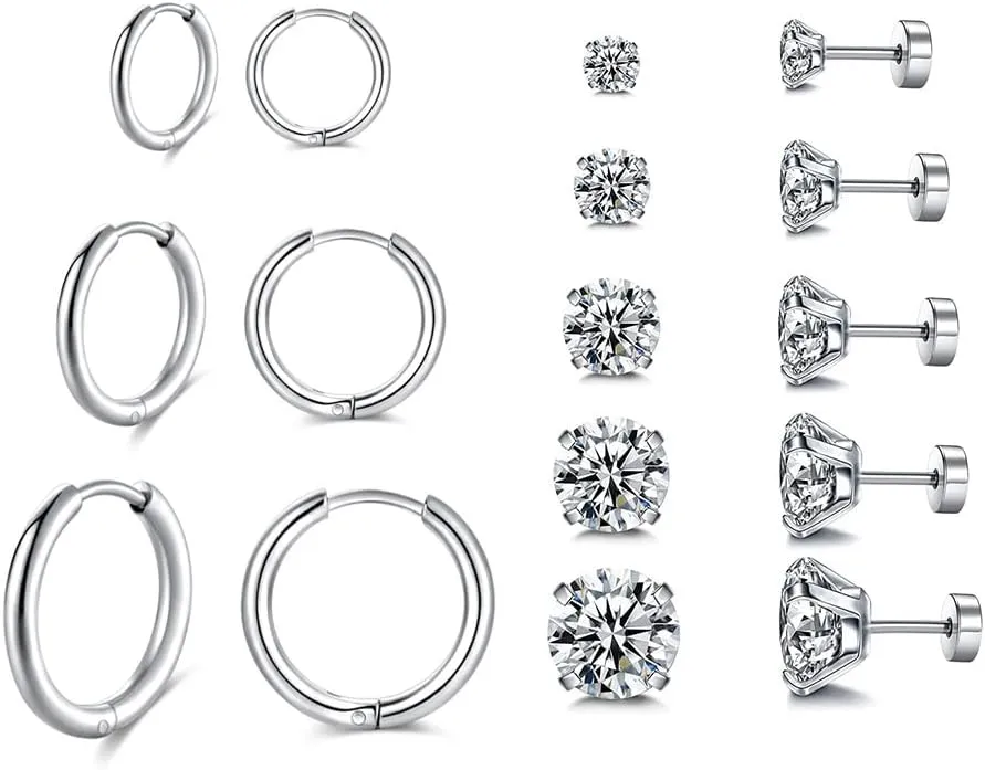 Surgical Stainless Steel Stud Earrings Hoop Earrings for Women Men 14K Gold Plated Hypoallergenic Cartilage Earrings Flat Back CZ Earrings Set Dainty Multiple Piercing Pack of 8 Pairs