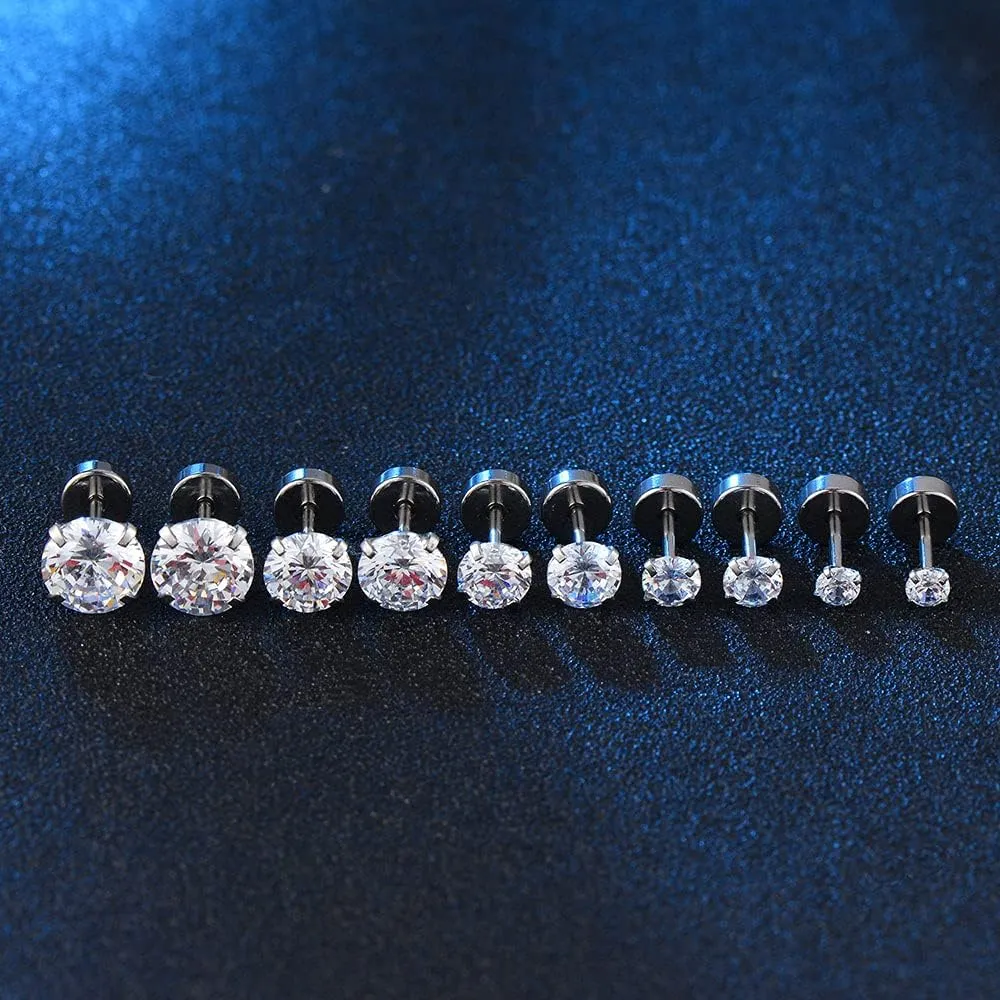 Surgical Stainless Steel Stud Earrings Hoop Earrings for Women Men 14K Gold Plated Hypoallergenic Cartilage Earrings Flat Back CZ Earrings Set Dainty Multiple Piercing Pack of 8 Pairs