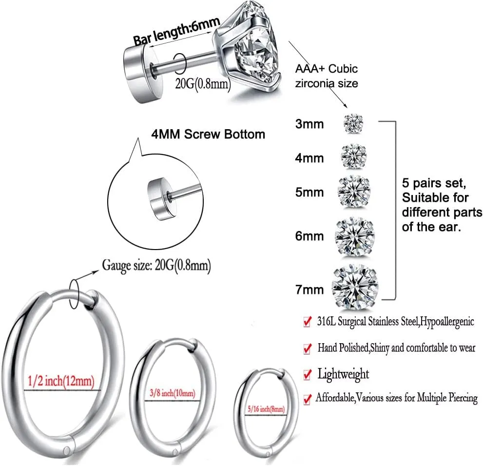 Surgical Stainless Steel Stud Earrings Hoop Earrings for Women Men 14K Gold Plated Hypoallergenic Cartilage Earrings Flat Back CZ Earrings Set Dainty Multiple Piercing Pack of 8 Pairs