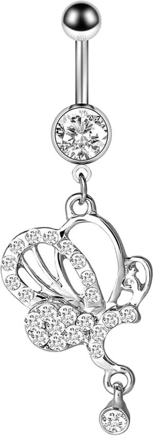Surgical Steel Belly Button Rings, Butterfly Belly Rings Simple Cubic Zirconia 14G Belly Button Rings Dangle