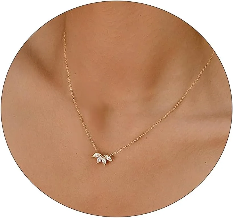Tasiso Diamond Necklaces for Women Dainty CZ Leaf Necklace 14k Gold Plated Flower Necklace Simple Diamond Choker Necklaces for Women Trendy Prom Jewelry Gifts