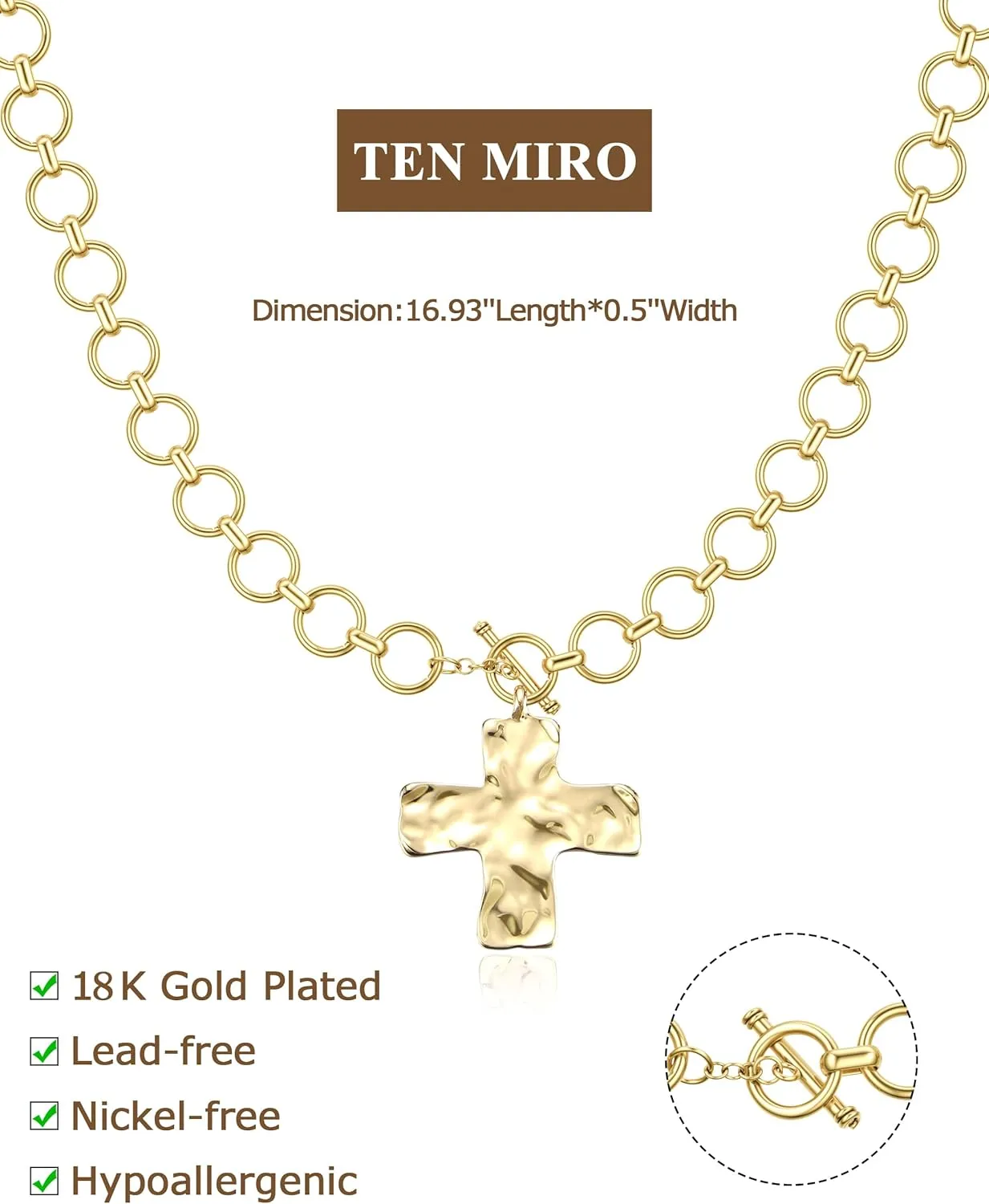 TEN MIRO 18k Chunky Gold Necklace for Women Sweatproof, Non Tarnish Chunky Layered Chain Necklaces Thick Gold Layering Herringbone Paperclip Necklace Stacks Toggle Necklaces for Women Men