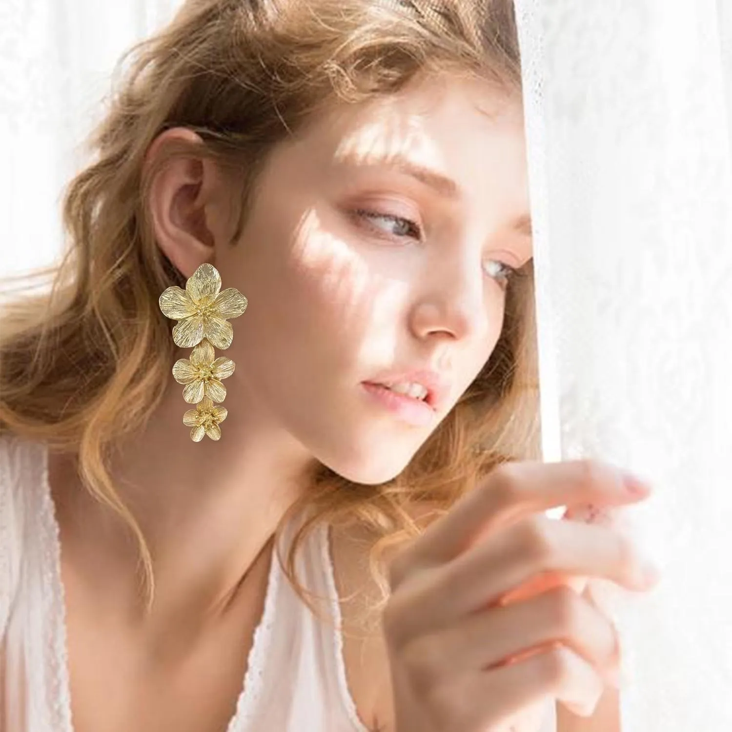 Three Layer Flower Earrings for Women Boho Statement Flower Earrings Bohemian Flower Dangle Earrings Flower Jewelry Gift (Gold)