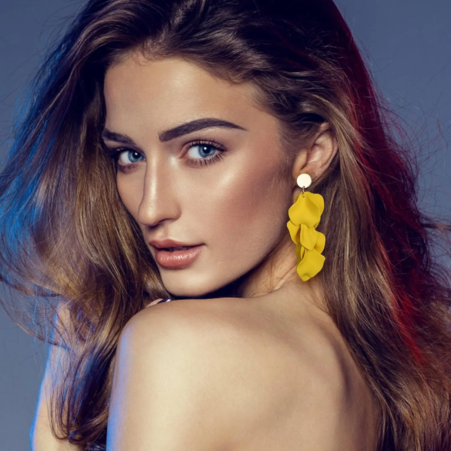 THUNARAZ Acrylic Clip on Earrings for Women Long Rose Petal Earrings Dangle Exaggerated Flower Earrings Drop Statement Floral Tassel Earring