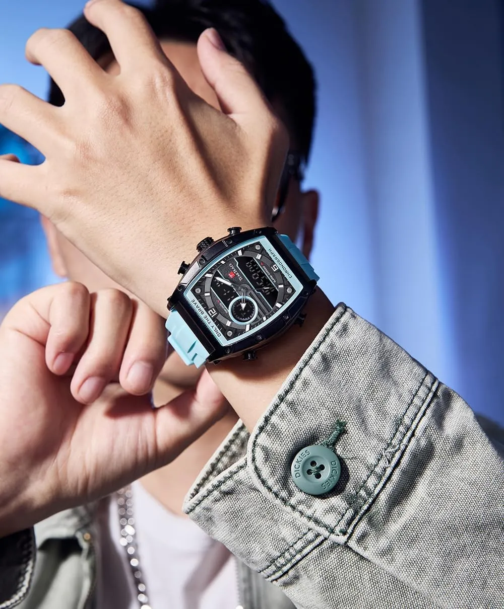Tonneau Watches for Men with Silicone Strap Analog-Digital Waterproof Luminous Chronograph Gold/Black/Blue/Brown Mens Watches, Big Face Sport Work Wrist Watch