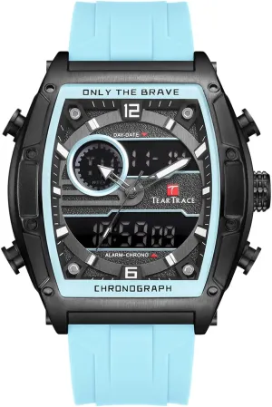 Tonneau Watches for Men with Silicone Strap Analog-Digital Waterproof Luminous Chronograph Gold/Black/Blue/Brown Mens Watches, Big Face Sport Work Wrist Watch