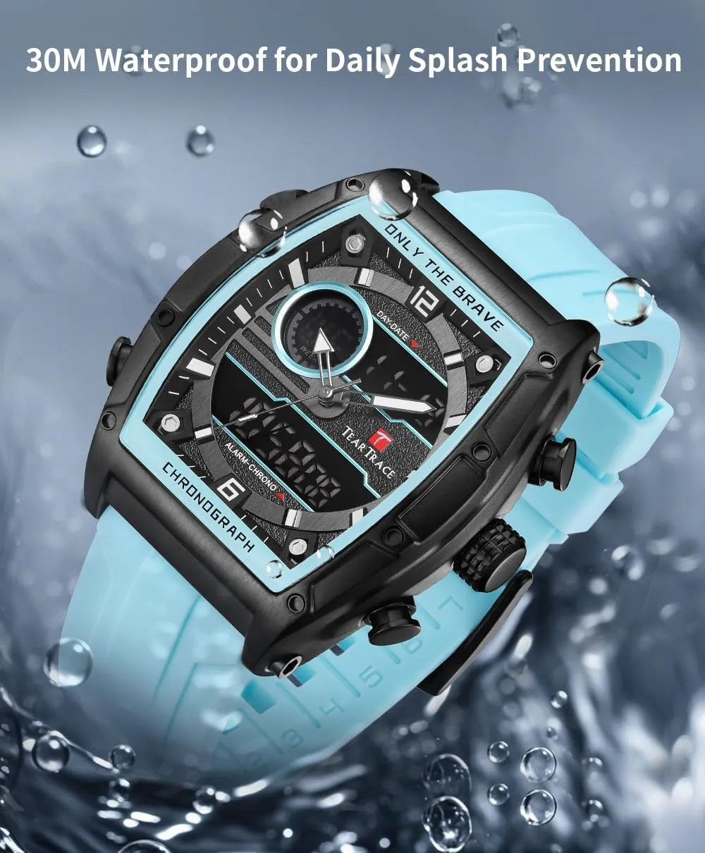 Tonneau Watches for Men with Silicone Strap Analog-Digital Waterproof Luminous Chronograph Gold/Black/Blue/Brown Mens Watches, Big Face Sport Work Wrist Watch