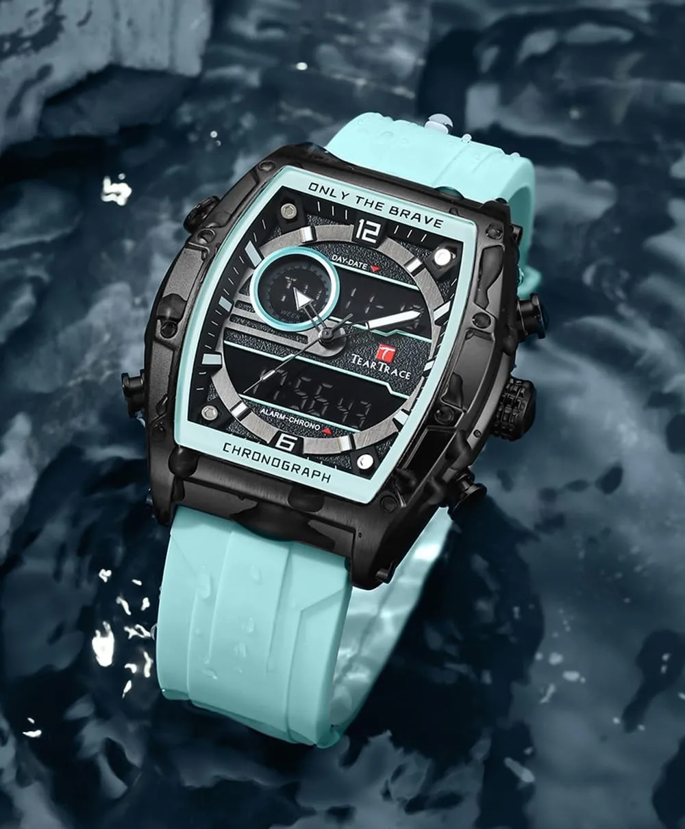 Tonneau Watches for Men with Silicone Strap Analog-Digital Waterproof Luminous Chronograph Gold/Black/Blue/Brown Mens Watches, Big Face Sport Work Wrist Watch